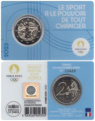 Франция. 2 евро 2023 год. XXXIII летние Олимпийские игры, Париж 2024. (в голубой открытке)