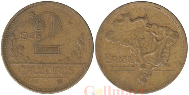  Бразилия. 2 крузейро 1946 год. Карта Бразилии. 