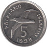  Фолклендские острова. 5 пенсов 1998 год. Чернобровый альбатрос. 