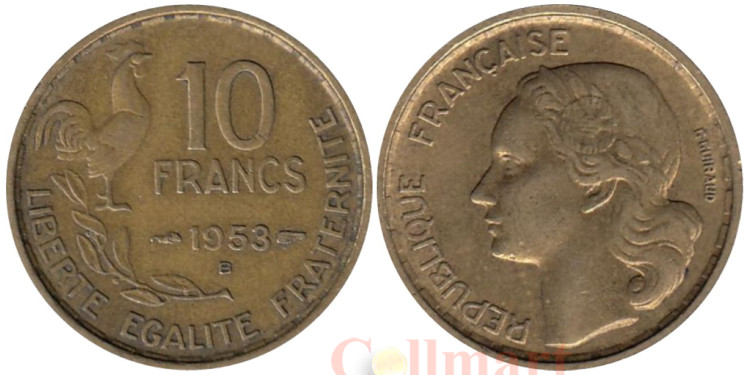  Франция. 10 франков 1953 год. Тип Жиро. Галльский петух. (B) 