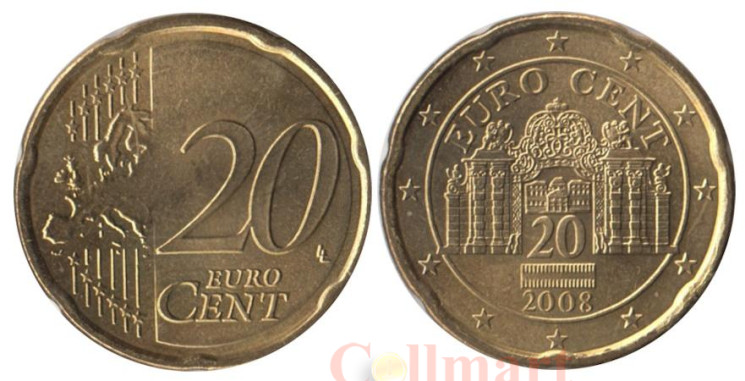  Австрия. 20 евроцентов 2008 год. Дворец Бельведер в Вене. 
