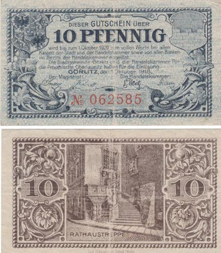  Бона. Германия. Гёрлиц 10 пфеннигов 1918 год. Нотгельд. (F) 