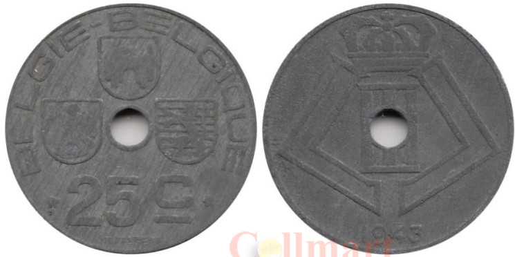  Бельгия. 25 сантимов 1943 год. BELGIE - BELGIQUE 