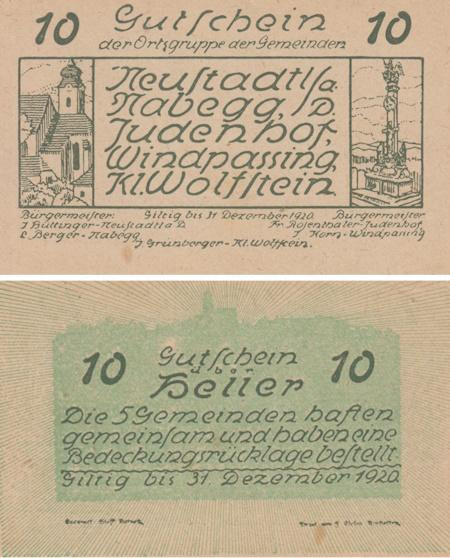  Бона. Австрия. Набегг 10 геллеров 1920 год. Нотгельд. (XF) 