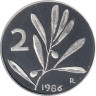  Италия. 2 лиры 1986 год. Пчела. Оливковая ветвь. (BU) 