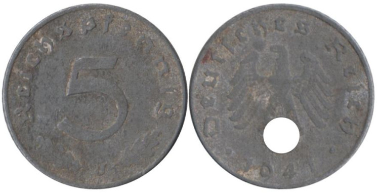  Германия - Третий рейх. 5 рейхспфеннигов 1941 год. (J) 