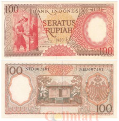 Бона. Индонезия 100 рупий 1958 год. Сбор каучука. (Пресс-AU)