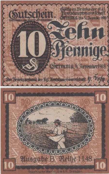  Бона. Германия. Гримма 10 пфеннигов 1918 год. Нотгельд. (XF) 
