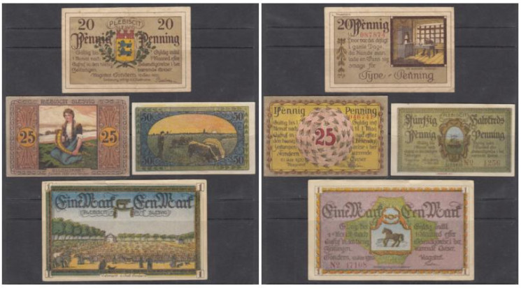  Набор банкнот. Германия. Тондерн 20, 25, 50 пфеннигов, 1 марка  1920 год. Нотгельды, 4 штуки. (VF) 