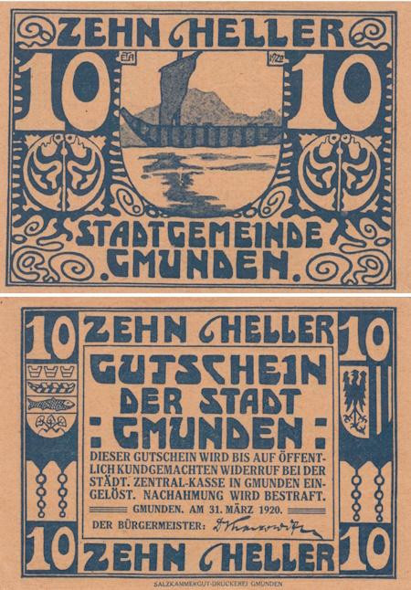  Бона. Австрия. Гмунден 10 геллеров 1920 год. Нотгельд. (XF) 