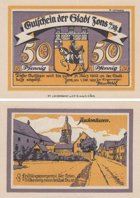  Бона. Германия. Зонс 50 пфеннигов 1921 год (вариант 1). Нотгельд. (XF) 