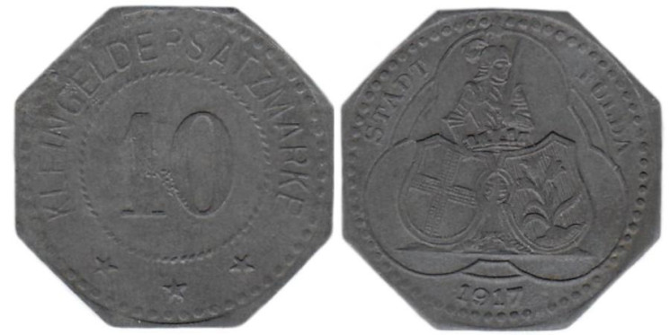  Германия. Фульда. 10 пфеннигов 1917 год. Рыцарь с двумя щитами. Нотгельд, 8-угольник. 