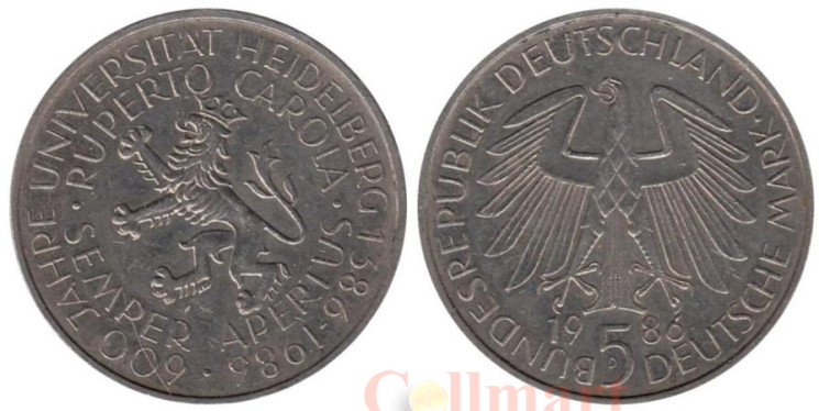  Германия (ФРГ). 5 марок 1986 год. 600 лет Гейдельбергскому университету. 