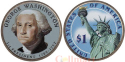 США. 1 доллар 2007 год. 1-й президент Джордж Вашингтон (1789-1797). цветное покрытие.