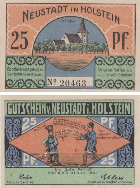  Бона. Германия. Нойштадт-ин-Хольштайн 25 пфеннигов 1921 год. Церковь. Нотгельд. (XF) 