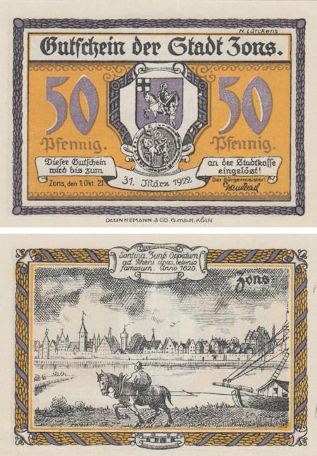  Бона. Германия. Зонс 50 пфеннигов 1921 год (вариант 2). Нотгельд. (XF) 
