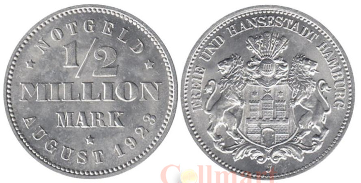  Германия. Гамбург. 1/2 миллиона марок 1923 год. Нотгельд. (J) 