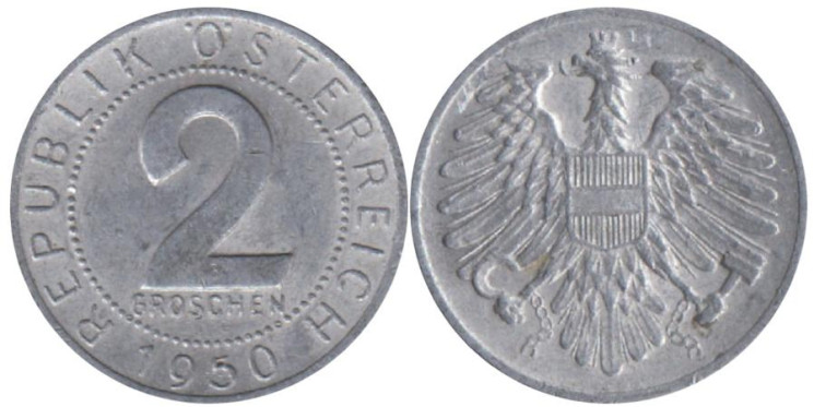  Австрия. 2 гроша 1950 год. 