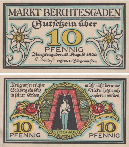  Бона. Германия. Берхтесгаден 10 пфеннигов 1920 год. Нотгельд. (XF) 