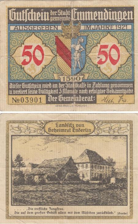  Бона. Германия. Эммендинген 50 пфеннигов 1921 год. Нотгельд. (F) 