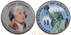 США. 1 доллар 2007 год. 2-й президент Джон Адамс (1797-1801). цветное покрытие.