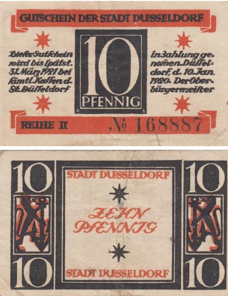  Бона. Германия. Дюссельдорф 10 пфеннигов 1920 год. Нотгельд. (F) 