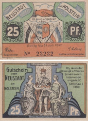 Бона. Германия. Нойштадт-ин-Хольштайн 25 пфеннигов 1921 год. Герб. Нотгельд. (XF)