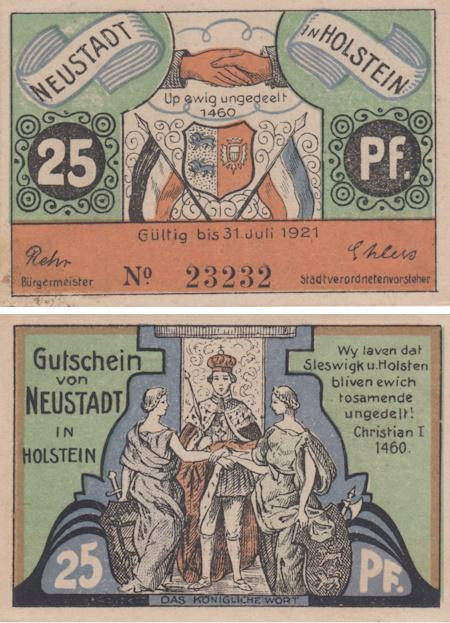  Бона. Германия. Нойштадт-ин-Хольштайн 25 пфеннигов 1921 год. Герб. Нотгельд. (XF) 