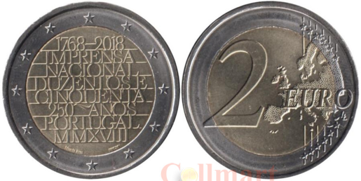  Португалия. 2 евро 2018 год. 250 лет Национальной прессе. 