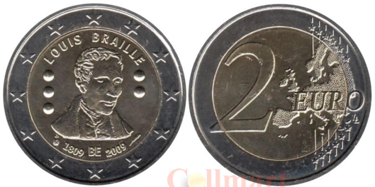  Бельгия. 2 евро 2009 год. 200 лет со дня рождения Луи Брайля. 