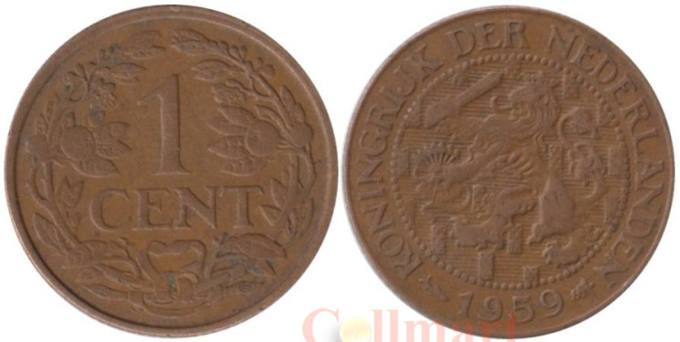  Суринам. 1 цент 1959 год. Герб Нидерландов. 