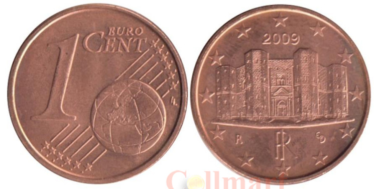  Италия. 1 евроцент 2009 год. Замок Кастель-дель-Монте. 