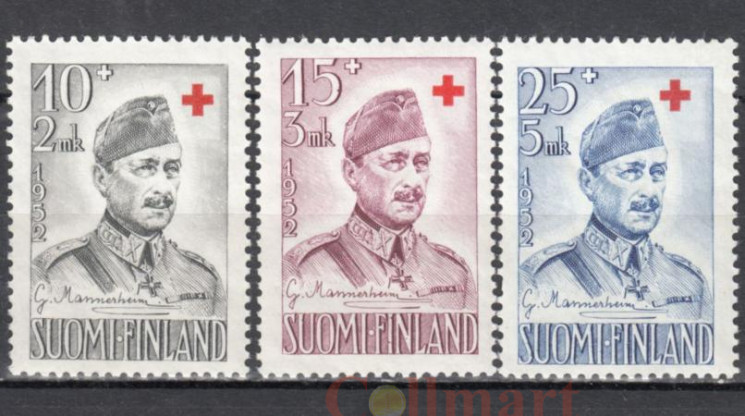  Набор марок. Финляндия 1952 год. Красный крест. Маршал Карл Густав Эмиль Маннергейм. (3 марки) 