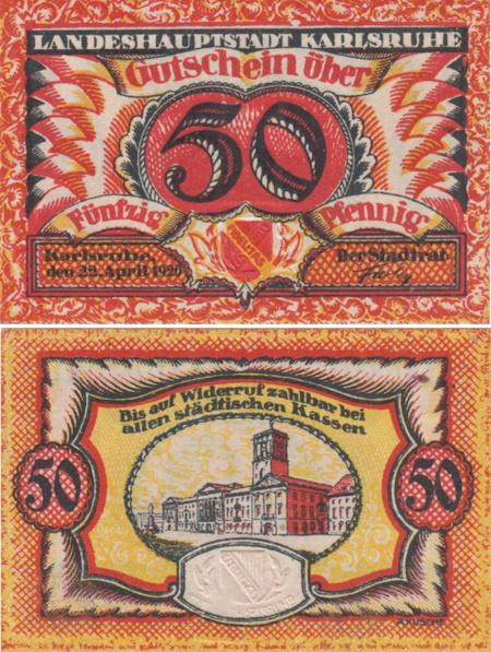  Бона. Германия. Карлсруэ 50 пфеннигов 1920 год. Нотгельд. (XF) 
