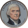 США. 1 доллар 2007 год. 3-й президент Томас Джеферсон (1801-1809). цветное покрытие. 