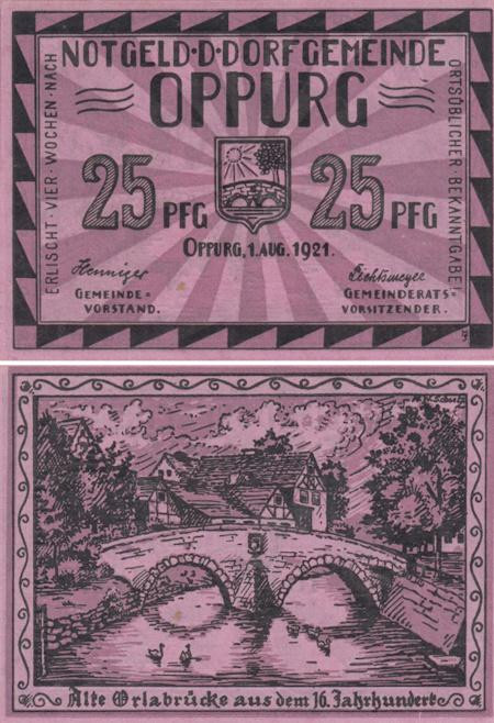  Бона. Германия. Оппург 25 пфеннигов 1921 год. Нотгельд. (XF) 