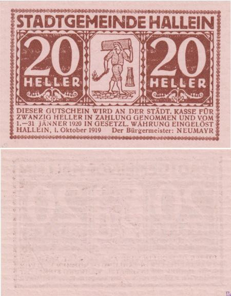  Бона. Австрия. Халлайн 20 геллеров 1920 год. Нотгельд. (XF) 