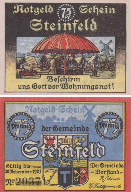  Бона. Германия. Штайнфельд (Шлезвиг) 75 пфеннигов 1921 год. Герб. Нотгельд. (XF) 
