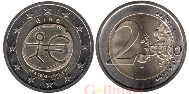  Ирландия. 2 евро 2009 год. 10 лет монетарной политики ЕС (EMU) и введения евро. 
