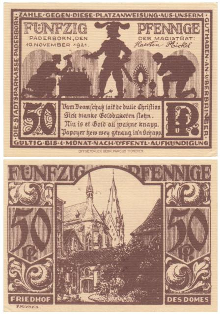  Бона. Германия. Падерборн 50 пфеннигов 1921 год. Кладбище Кафедрального собора. Нотгельд коричневый. (XF) 