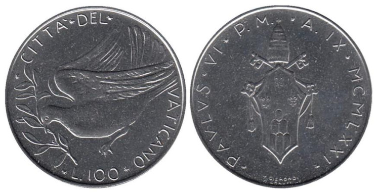  Ватикан. 100 лир 1971 год. Голубь. 