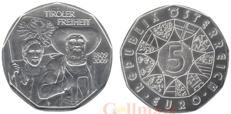  Австрия. 5 евро 2009 год. 200 лет Тирольскому восстанию. 