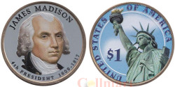 США. 1 доллар 2007 год. 4-й президент Джеймс Мэдисон (1809-1817). цветное покрытие.