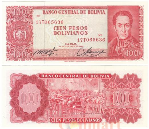  Бона. Боливия 100 песо боливиано 1962 год. Симон Боливар. (Пресс) 