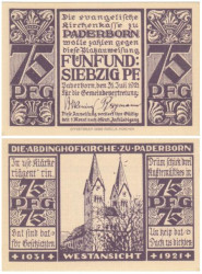 Бона. Германия. Падерборн 75 пфеннигов 1921 год. Западный вид церкви Абдингхоф. Нотгельд. (XF)