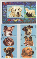 Почтовый блок + 6 марок. Либерия. Собаки (1974).