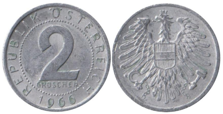  Австрия. 2 гроша 1966 год. 