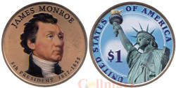 США. 1 доллар 2008 год. 5-й президент  Джеймс Монро (1817-1825). цветное покрытие.