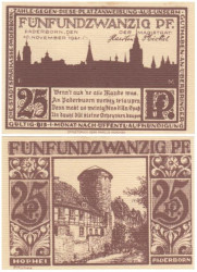 Бона. Германия. Падерборн 25 пфеннигов 1921 год. Старинный фахверковый дом и круглая башня. Нотгельд коричневый. (XF)