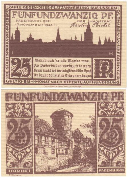  Бона. Германия. Падерборн 25 пфеннигов 1921 год. Старинный фахверковый дом и круглая башня. Нотгельд коричневый. (XF) 